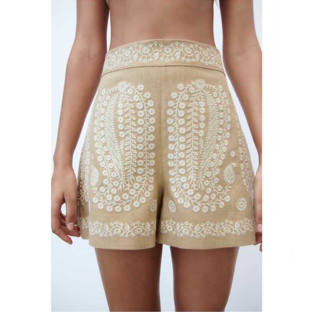 ZARA High Waist Embroidered Shorts
